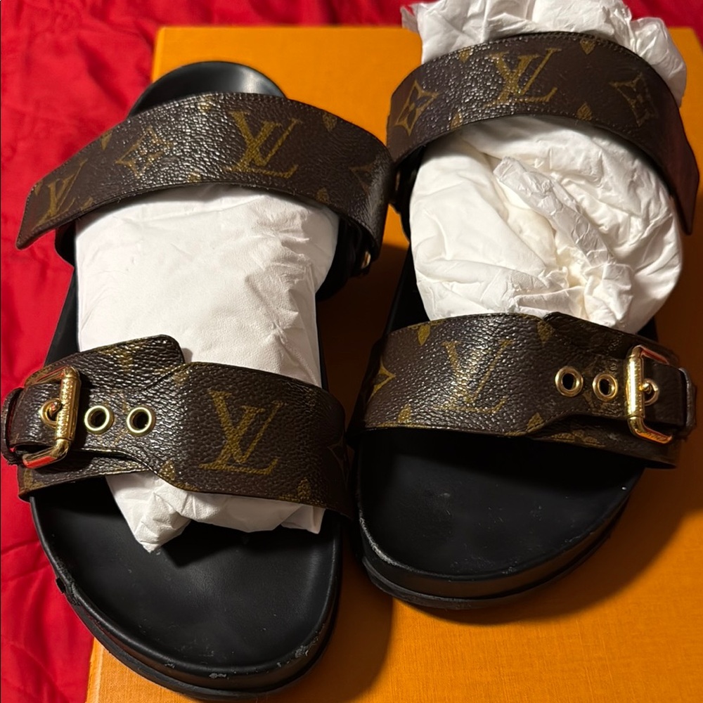 Louis Vuitton Brown and Gold Sandals